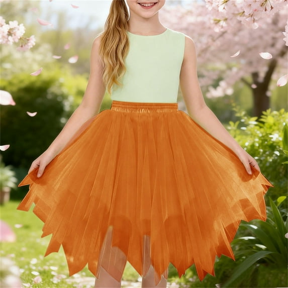LIJCC Girls' Bright Orange Multi-Layer Tulle Tutu Skirt - Elastic Waist for Comfort & Easy Fit - Flowy, Lightweight Design Perfect for Dance Recitals, Birthday Parties & Dress-Up Play