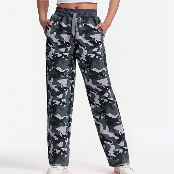 LIJCC Girls Camouflage Sweatpants Straight Wide Leg Athletic Jogger Baggy Elastic Waist Drawstring Track Pants Casual Loose Trousers with Pockets