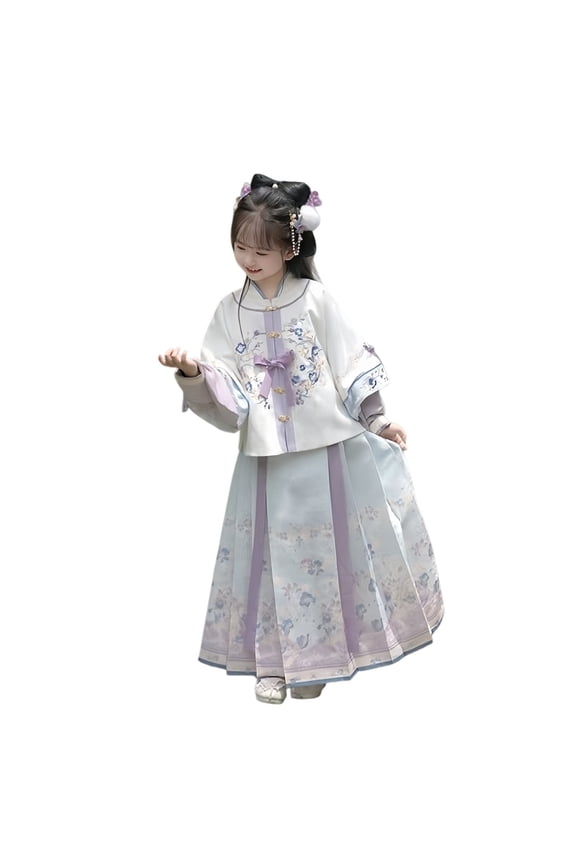 Girls Chinese Traditional Girls Hanfu Dress Set Classical Long Sleeve Tang Suit and Horse Skirt 2 Piece Set(Light Pink,7-8 Years)