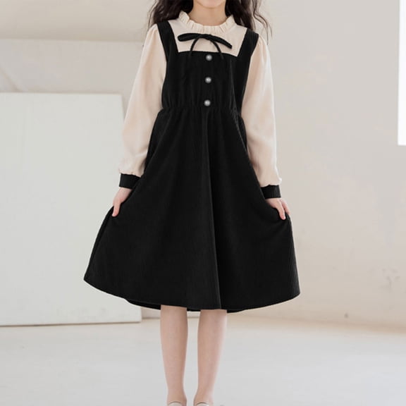 LIJCC Girls Corduroy Overall Dress High Waist A Lined Swing Dresses Sleeveless Square Neck Buttons Down Fall Winter Retro Waist Cinching Skirt