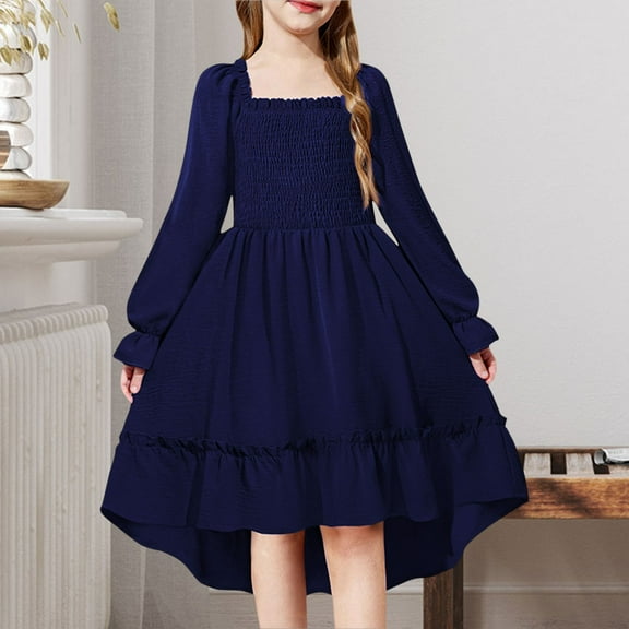 LIJCC Girls Dress Puff Trendy Cute Elegant Solid Color Long Sleeve Square Neck High Low Hem Smocked Shirred Tiered Ruffle Flared Party Fall Dresses