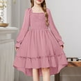 thumbnail image 1 of LIJCC Girls Dress Puff Trendy Cute Elegant Solid Color Long Sleeve Square Neck High Low Hem Smocked Shirred Tiered Ruffle Flared Party Fall Dresses, 1 of 6