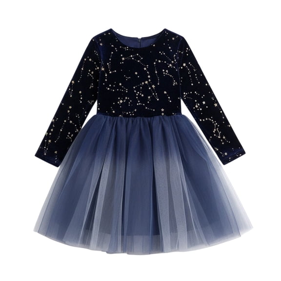 LIJCC Girls' Elegant Long-Sleeve Velvet Top with Gradient Starry Night Tulle Skirt Princess Dress - Perfect for Birthday Parties, Pageants, Holiday Events - Sparkly Star Embellishments