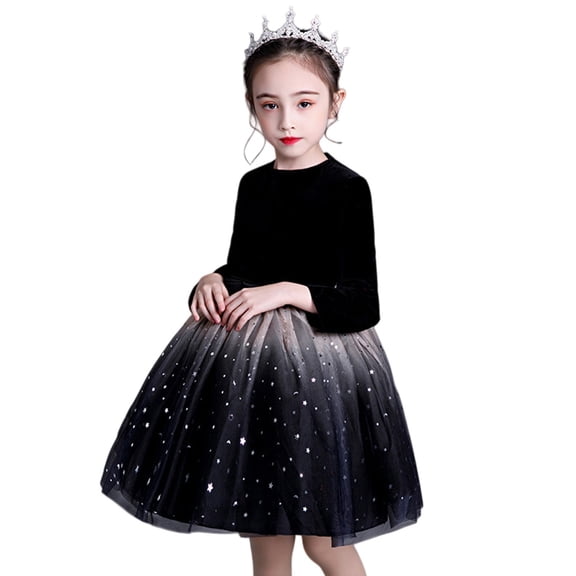 LIJCC Girls' Elegant Long-Sleeve Velvet Top with Gradient Starry Night Tulle Skirt Princess Dress - Perfect for Birthday Parties, Pageants, Holiday Events - Sparkly Star Embellishments