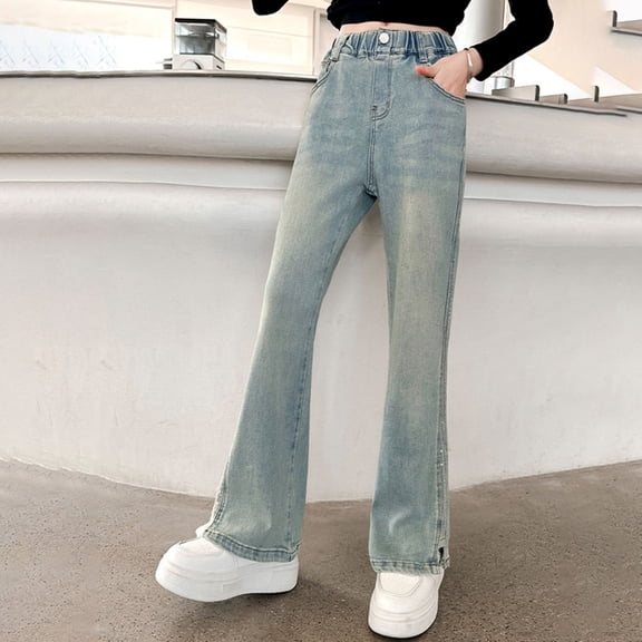 LIJCC Girls Flare Leg Bell Bottom Jeans Wide Leg Denim Pant High Elastic Waist Pants Solid Color Kids Vintage Slim Fit Stretchy Bootcut Denim Pants