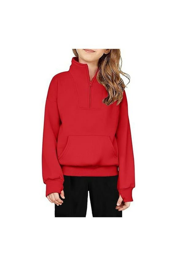 Girls Fleece Sweatshirt Fleece Quarter Zip Long Sleeve Pullover Hoodies Trendy Lightweight School Uniform Sweatshirts Fall Clothes for Teen Girls Thumb Hole