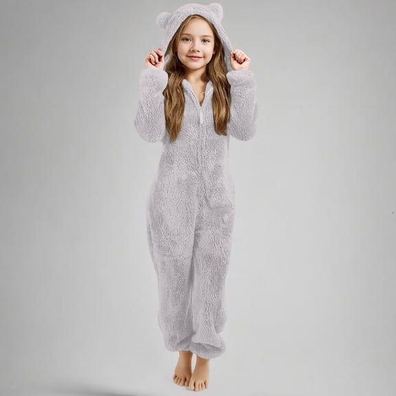 LIJCC Girls Fleece Zip Up Jumpsuits Kids Hooded Sherpa Lined Rompers Sleepwear Costume Fuzzy Cute Animal Onesie Winter Warm Zipper Playsuit Jumper