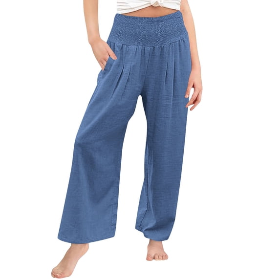 LIJCC Girls High Waisted Cotton Linen Palazzo Pants Wide Leg Casual Smocked Long Boho Flowy Pant Casual Vacation Outfits Elastic Lounge Trousers with Pocket