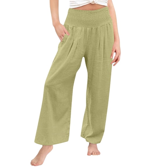 LIJCC Girls High Waisted Cotton Linen Palazzo Pants Wide Leg Casual Smocked Long Boho Flowy Pant Casual Vacation Outfits Elastic Lounge Trousers with Pocket