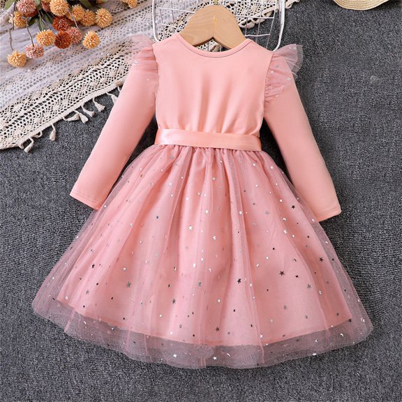 LIJCC Girls' Long-Sleeve Dress - Star-Accented Tulle Skirt & Bow Detail - Crew Neck Playful Ruffled Shoulder Design - Great for Casual Outings