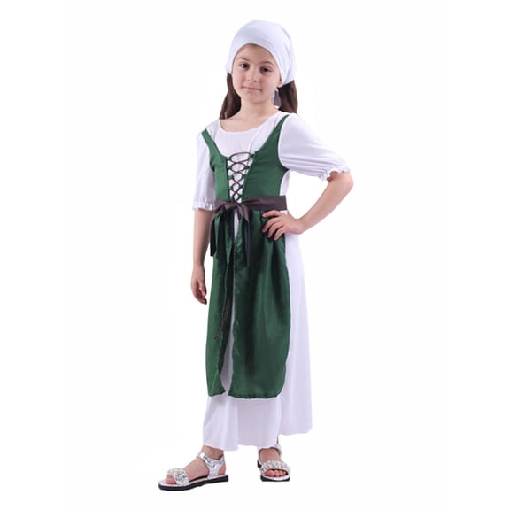 LIJCC Girls' Medieval Peasant 3-Piece Costume Set - Long-Sleeve Dress, Lace-Up Bodice & Head Wrap - Sash Belt for Adjustable Fit - Perfect for Historical Plays, Costume Parties