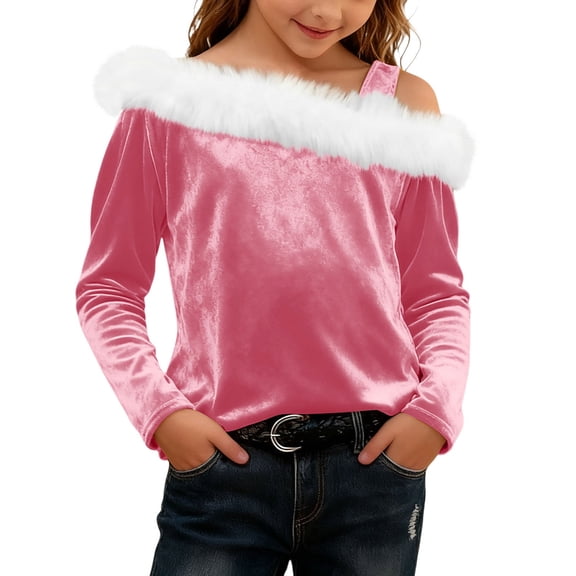 LIJCC Girls Off-Shoulder Long Sleeve Top - Velvet Fabric With White Faux Fur Trim Festive Casual Pullover Comfortable Kids Fashion Shirt