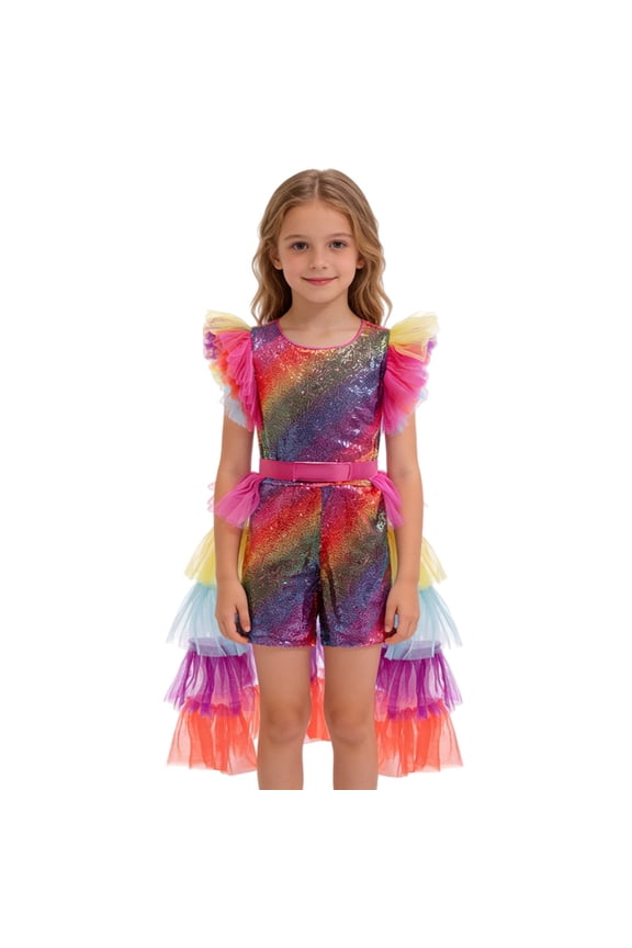 Girls' Rainbow Sequin Sleeveless Romper with Multi-Layer Tulle Ruffles - Colorful Tiered Tulle Accents - Belt for Flattering Fit - Sparkly Design Perfect