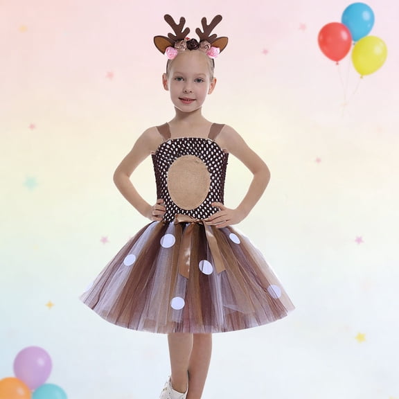 LIJCC Girls' Reindeer 2-Piece Costume Set - Tulle Dress & Antler Headband - Festive Style - Perfect for Holiday Celebrations, Costume Parties & Dress-Up Play