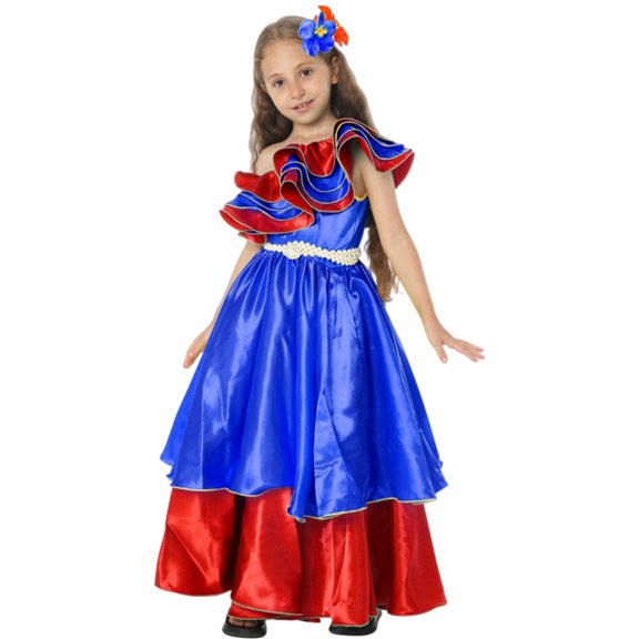 LIJCC Girls' Satin Off-the-Shoulder Ruffled Maxi Dress - Tiered Skirt, Pearl Accent Belt & Colorful Trim - Perfect for Fiesta Celebrations & Dress-Up Play - Flowy Silhouette for Comfort