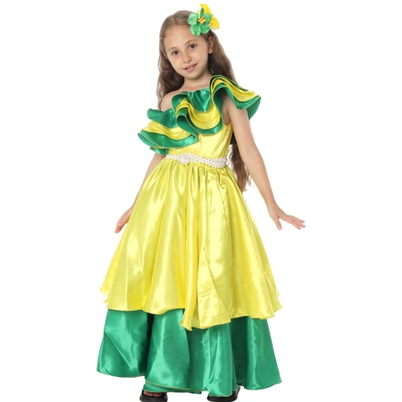 LIJCC Girls' Satin Off-the-Shoulder Ruffled Maxi Dress - Tiered Skirt, Pearl Accent Belt & Colorful Trim - Perfect for Fiesta Celebrations & Dress-Up Play - Flowy Silhouette for Comfort
