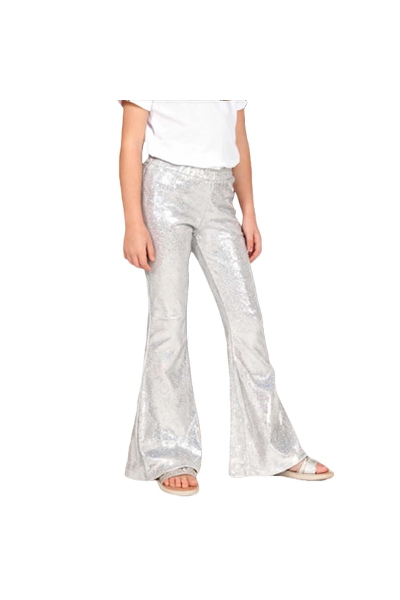 Girls Sequin Pants Metallic Flare Leggings Disco Stage Pants Elastic Waist Hip Hop Jazz Dance Pants Carnival Dance Bell Bottoms Shiny Glitter Sequins Performance