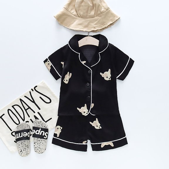 LIJCC Girls Silk Pajamas Set Soft Cozy Satin Lightweight Silk Button-Down Little Dog Print Top Short Sleeve V Neck Top and Shorts 2 Piece 𝐏JS for Girl Boys Kids