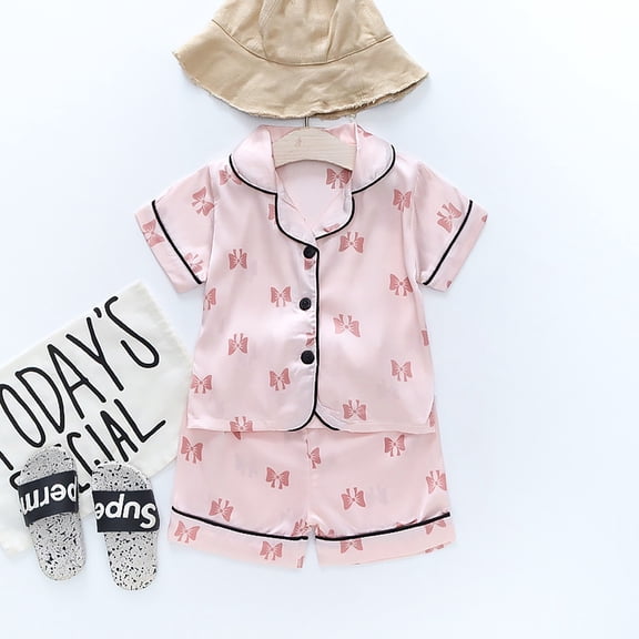 LIJCC Girls Silk Pajamas Set Soft Cozy Satin Lightweight Silk Button-Down Little Dog Print Top Short Sleeve V Neck Top and Shorts 2 Piece 𝐏JS for Girl Boys Kids