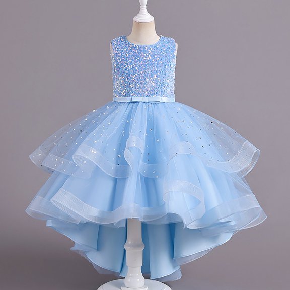LIJCC Girls Sleeveless Dress Piano Concert Sequin Dress Kids Girls Star Decoration Dress Wedding Pageant Long Tail Dresses with Bow-Knot Lace Party Grown Outfit