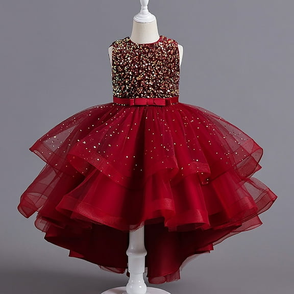 LIJCC Girls Sleeveless Dress Piano Concert Sequin Dress Kids Girls Star Decoration Dress Wedding Pageant Long Tail Dresses with Bow-Knot Lace Party Grown Outfit