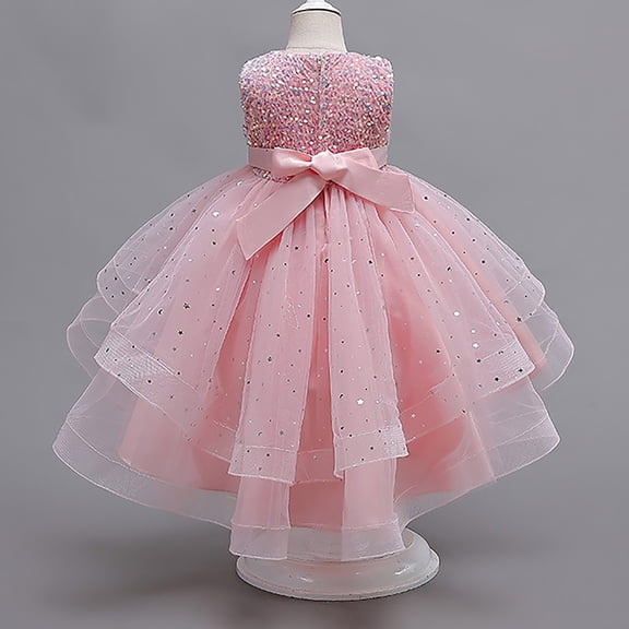 LIJCC Girls Sleeveless Dress Piano Concert Sequin Dress Kids Girls Star Decoration Dress Wedding Pageant Long Tail Dresses with Bow-Knot Lace Party Grown Outfit