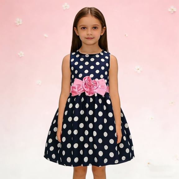 LIJCC Girls' Sleeveless Polka Dot Dress - Flower-Accented Belt Detail - Cute Design - Ideal for Casual Outings, Playdates & Special Occasions