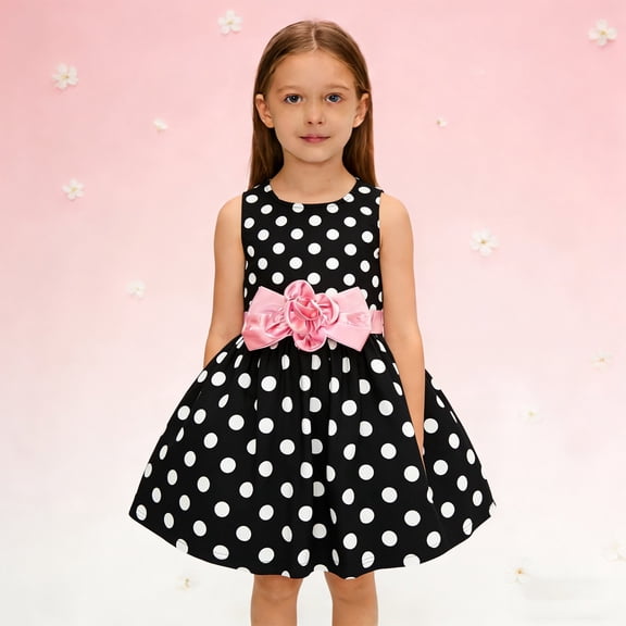 LIJCC Girls' Sleeveless Polka Dot Dress - Flower-Accented Belt Detail - Cute Design - Ideal for Casual Outings, Playdates & Special Occasions