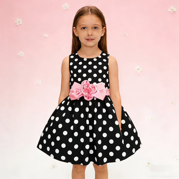 LIJCC Girls' Sleeveless Polka Dot Dress - Flower-Accented Belt Detail - Cute Design - Ideal for Casual Outings, Playdates & Special Occasions