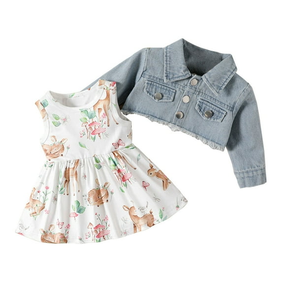 LIJCC Girls' Sleeveless Round Neck Floral Dress + Long Sleeve Denim Jacket, Toddler Baby Girls Outfits&set Floral Print Halter Dress and Solid Color Long Sleeve Jacket Outdoor Casual Fashionable Suit