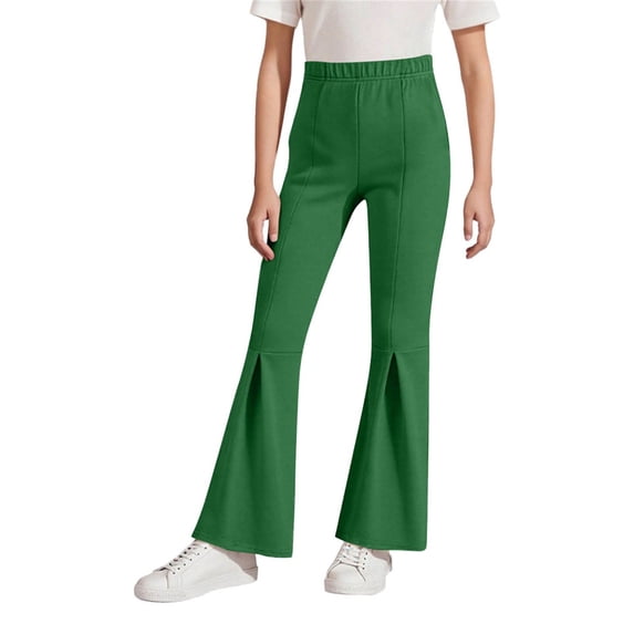 LIJCC Girls Solid Color Flared Pants Thin Sports Tights Workout Leggings Kids Elastic High Waisted Yoga Bell-Bottom Trousers(Green,14-15 Years)