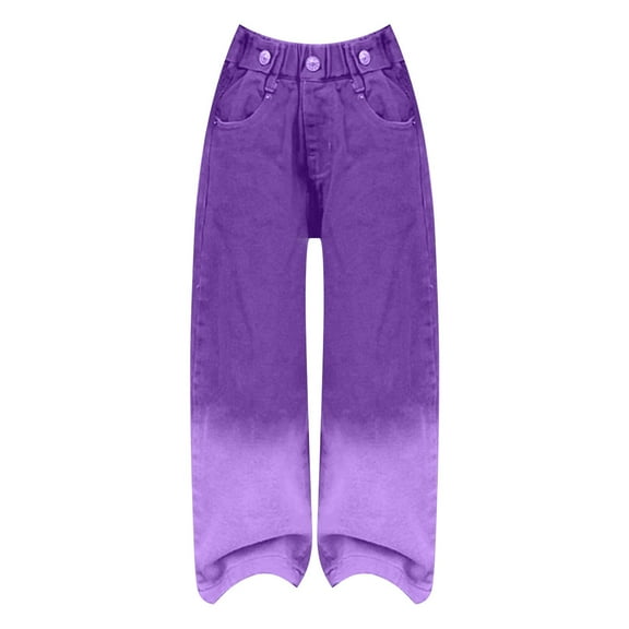 LIJCC Girls Straight Wide Leg Jeans Gradient Candy Colors Denim Pants Baggy Elastic High Waist Denim Pants Daily Streetwear(Purple,7-8 Years)