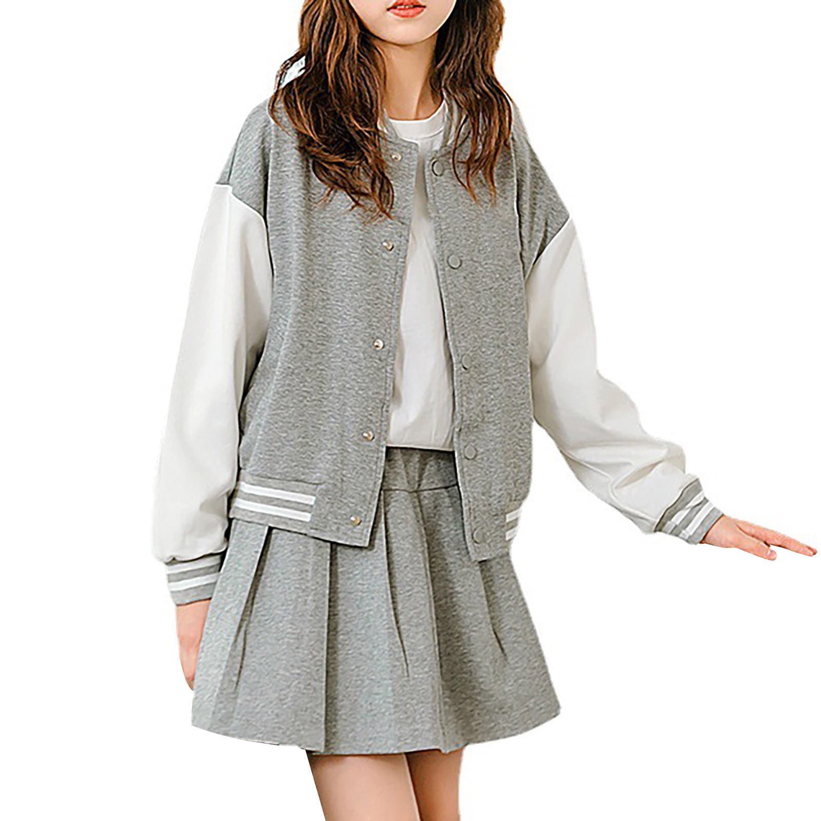 LIJCC Girls' Suits, Older Children's Casual Baseball Uniforms, Jackets, Pleated Skirts, Two-Piece College Style Suits, Little/ Big Kids Girls Long Sleeve Jacket and Elastic Waistband Pleated