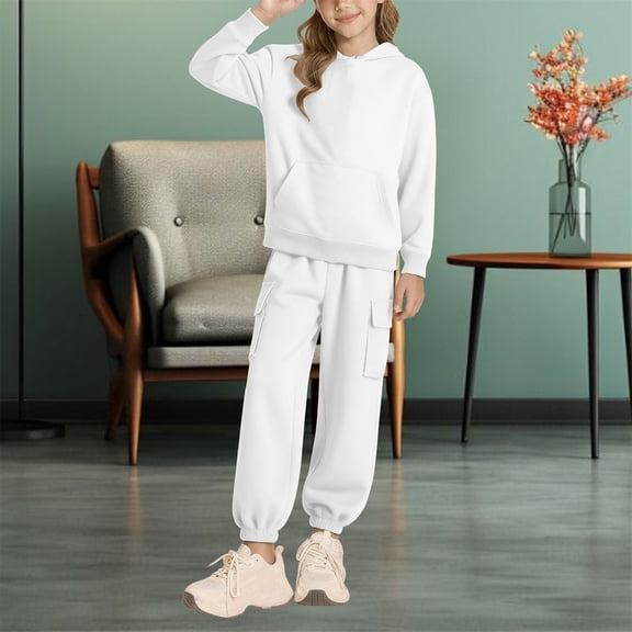 LIJCC Girls Sweatsuit 2 Piece Outfits Fall Winter Clothes - Oversized Solid Color Lounge Hoodie Sweatshirts and Sweatpants with Pockets Y2K Tracksuit Jogger Sets