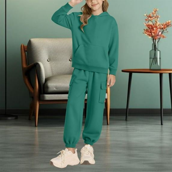 LIJCC Girls Sweatsuit 2 Piece Outfits Fall Winter Clothes - Oversized Solid Color Lounge Hoodie Sweatshirts and Sweatpants with Pockets Y2K Tracksuit Jogger Sets