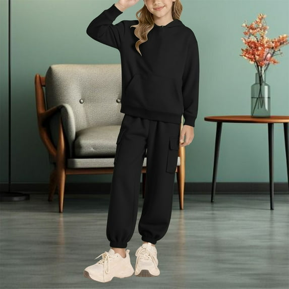 LIJCC Girls Sweatsuit 2 Piece Outfits Fall Winter Clothes - Oversized Solid Color Lounge Hoodie Sweatshirts and Sweatpants with Pockets Y2K Tracksuit Jogger Sets