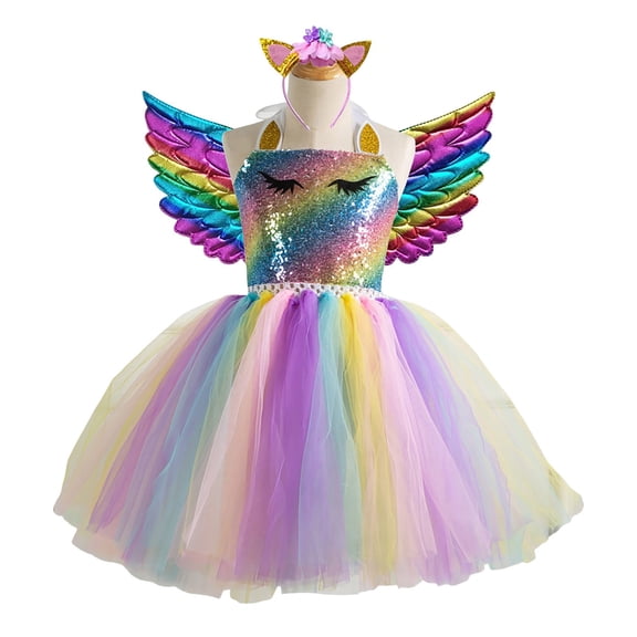 LIJCC Girls' Unicorn 3-Piece Costume Set - Sparkly Dress, Wing Accents & Headband - Perfect for Costume Parties, Dress-Up Play & Special Celebrations