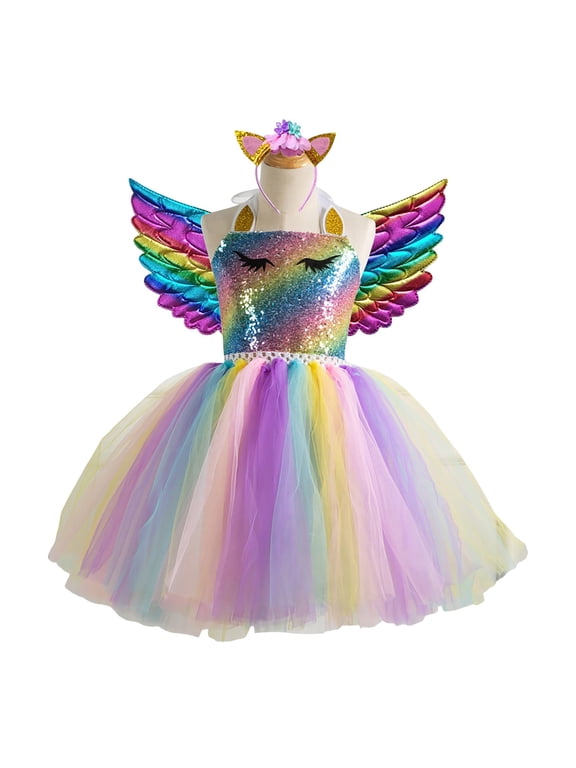 Girls' Unicorn 3-Piece Costume Set - Sparkly Dress, Wing Accents & Headband - Perfect for Costume Parties, Dress-Up Play & Special Celebrations