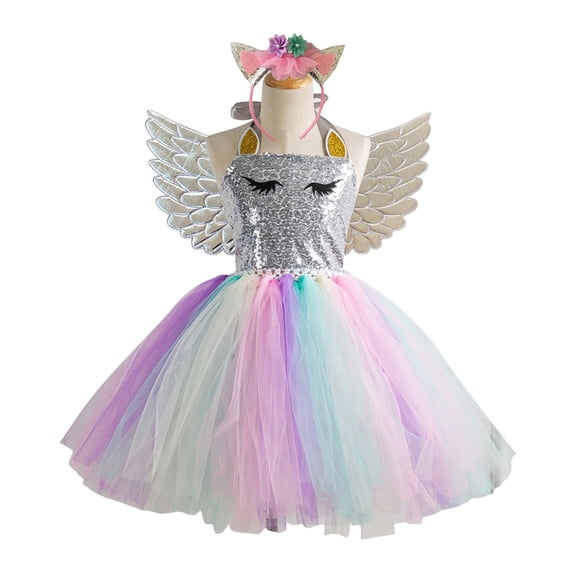 LIJCC Girls' Unicorn 3-Piece Costume Set - Sparkly Dress, Wing Accents & Headband - Perfect for Costume Parties, Dress-Up Play & Special Celebrations