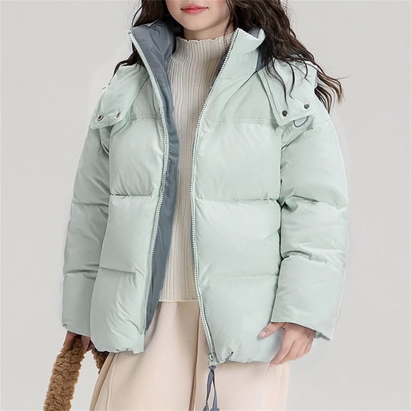LIJCC Girls Winter Solid Color Puffer Coat Down Cotton Jacket Loose Fit Thick Warm Winter Coat Thick Padded Soft Full Zipper Jacket with Hood Trendy Streetwear