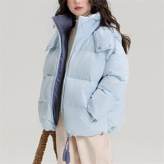LIJCC Girls Winter Solid Color Puffer Coat Down Cotton Jacket Loose Fit Thick Warm Winter Coat Thick Padded Soft Full Zipper Jacket with Hood Trendy Streetwear