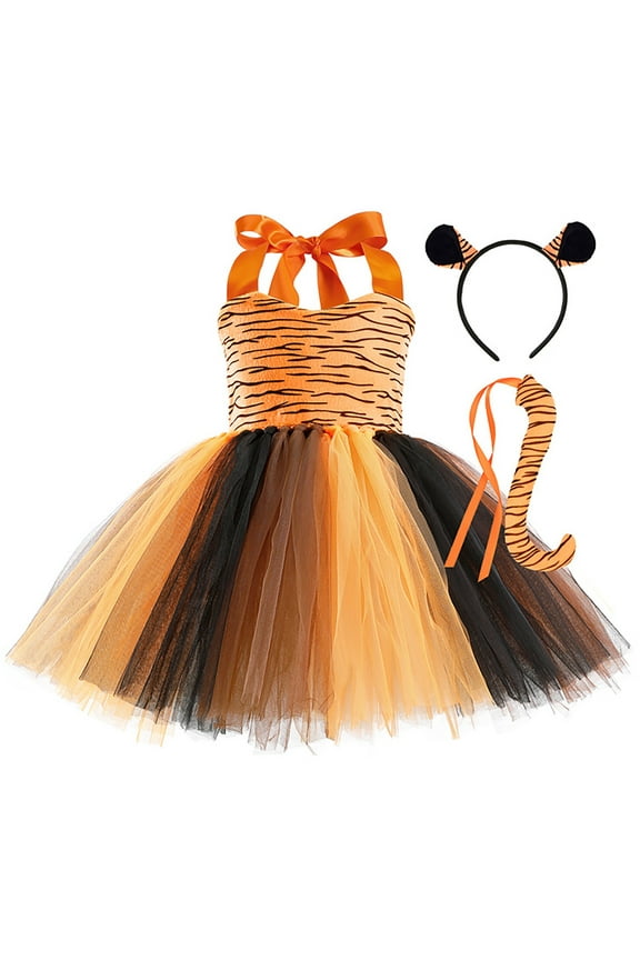 Halloween Dress for Girls Leopard Print Dress Up Tulle Tutu Skirt with Leopard Topic Accessories Stage Performance Halloween Clothes with Ears & Headband