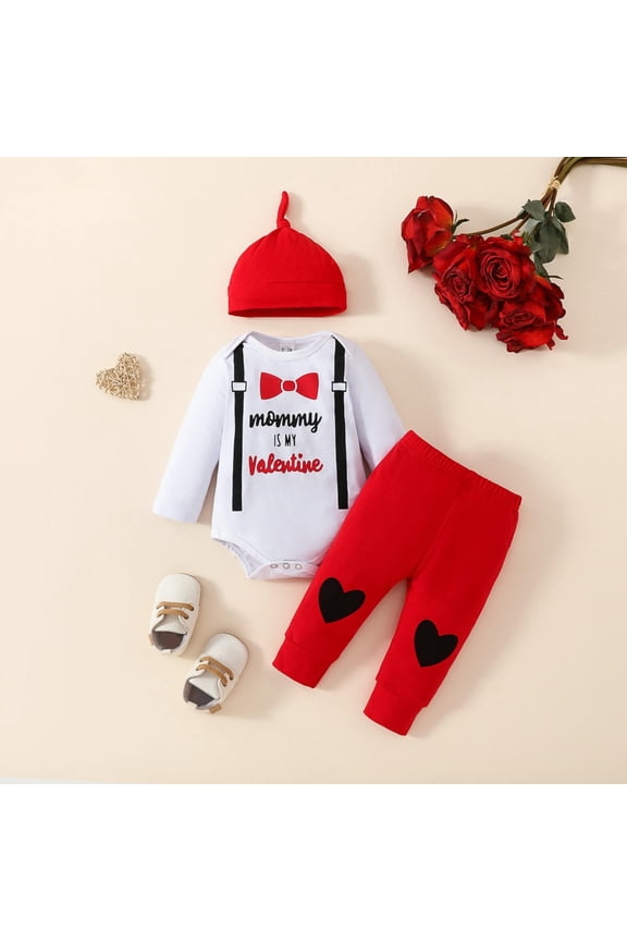 Infant Baby Boy Valentine's Outfit Long Sleeve Letters Love Heart Romper Bodysuit Top + Pants + Hat My First Valentines Baby Boy Outfit