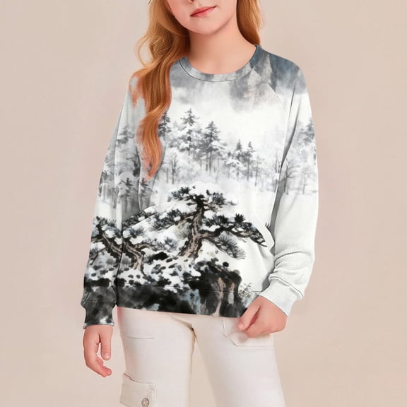 LIJCC Kid Girl's Oversized Artistic Ink Wash Painting Floral Printed Long Sleeve Crew Neck Sweatshirt Knit Stretchy Pullover Sweater Lightweight Autumn Casual Fashion Shirt