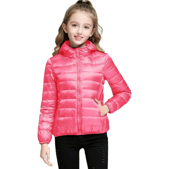 LIJCC Kid Girl's Packable Puffer Jacket Short Down Coat Full-Zip Hooded Quilted Insulated Warm Winter Coat Lightweight Outerwear for Hiking Travel