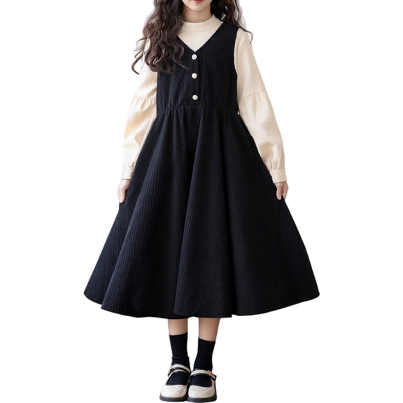 LIJCC Kid Girls Button Down Sleeveless Corduroy Overall Dress V Neck Long Sleeve Smocked Dresses Kawaii Midi Babydoll Tank Jumper Dress with Pocket