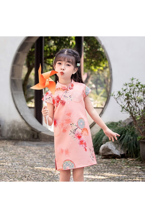 Kid Girls Chinese Qipao Dress Peony Pattern Short Sleeve China Traditional Bride Dress Cheongsam Costume for Birthday Party Wedding