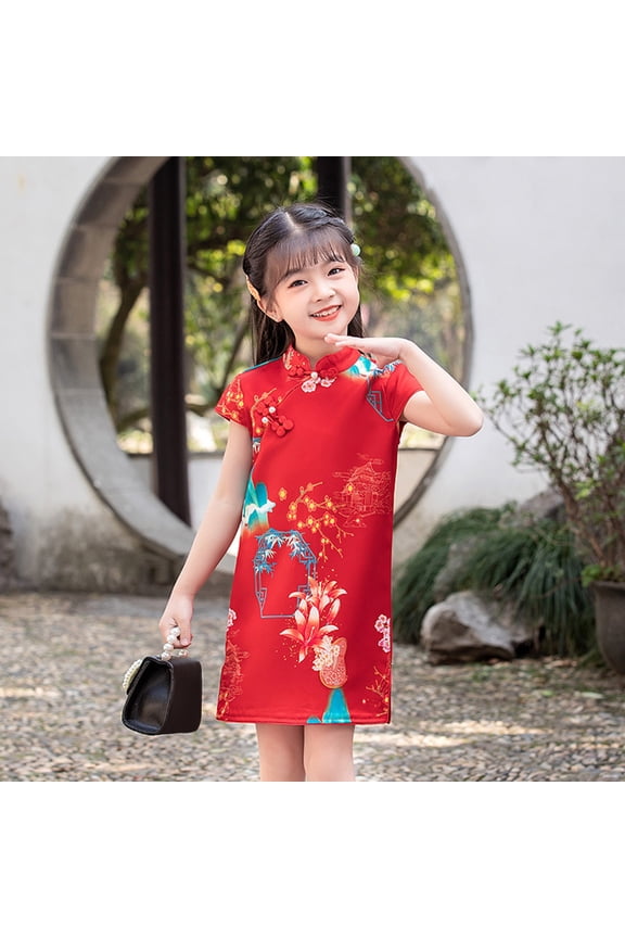 Kid Girls Chinese Qipao Dress Peony Pattern Short Sleeve China Traditional Bride Dress Cheongsam Costume for Birthday Party Wedding