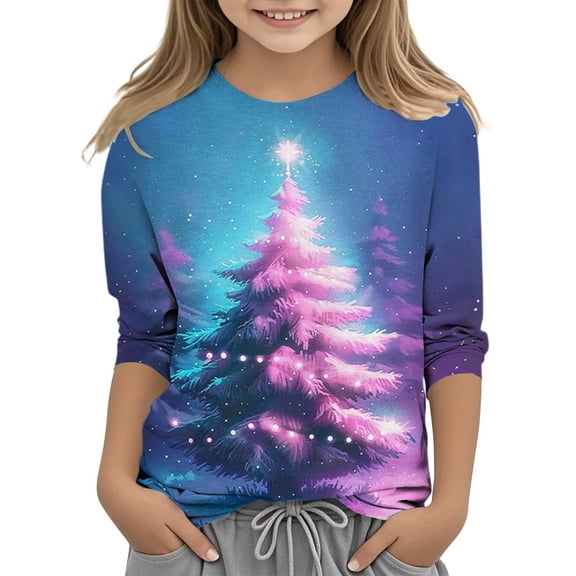 LIJCC Kid Girls Christmas Shirts Dressy 3/4 Length Sleeve Tops Funny Christmas Tunic Blouses Xmas Tree Cute Print Graphic Crew Neck Holiday Tops Pullover