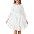 thumbnail image 1 of LIJCC Kid Girls Dress Fall Puff Long Sleeve Solid Color Square Neck Tween Off Shoulder Smocked Dresses Shirred Tiered Ruffle Flared Party Dresses, 1 of 7